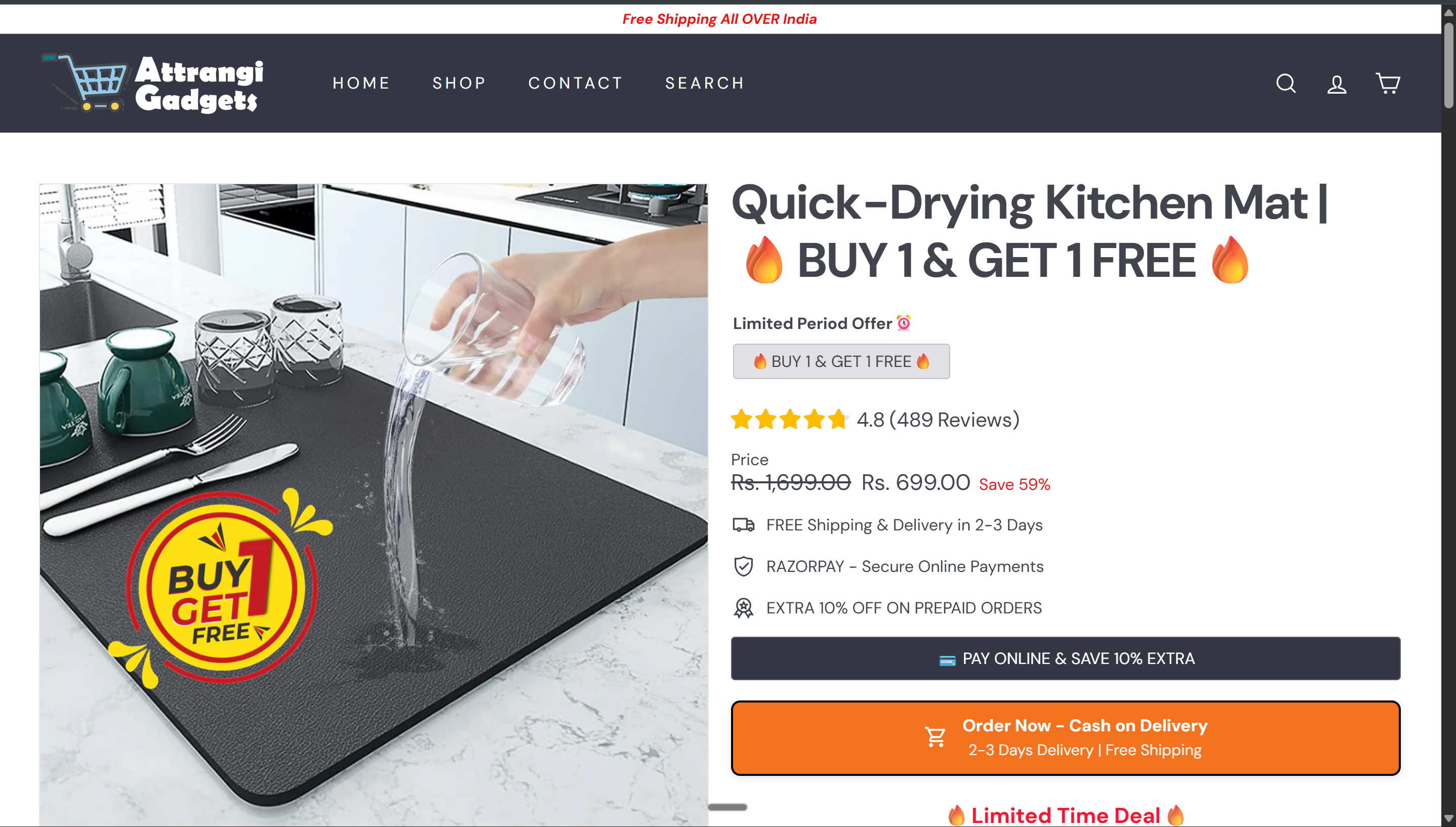 Live product page — hero area with title, price, trust signals, buy button